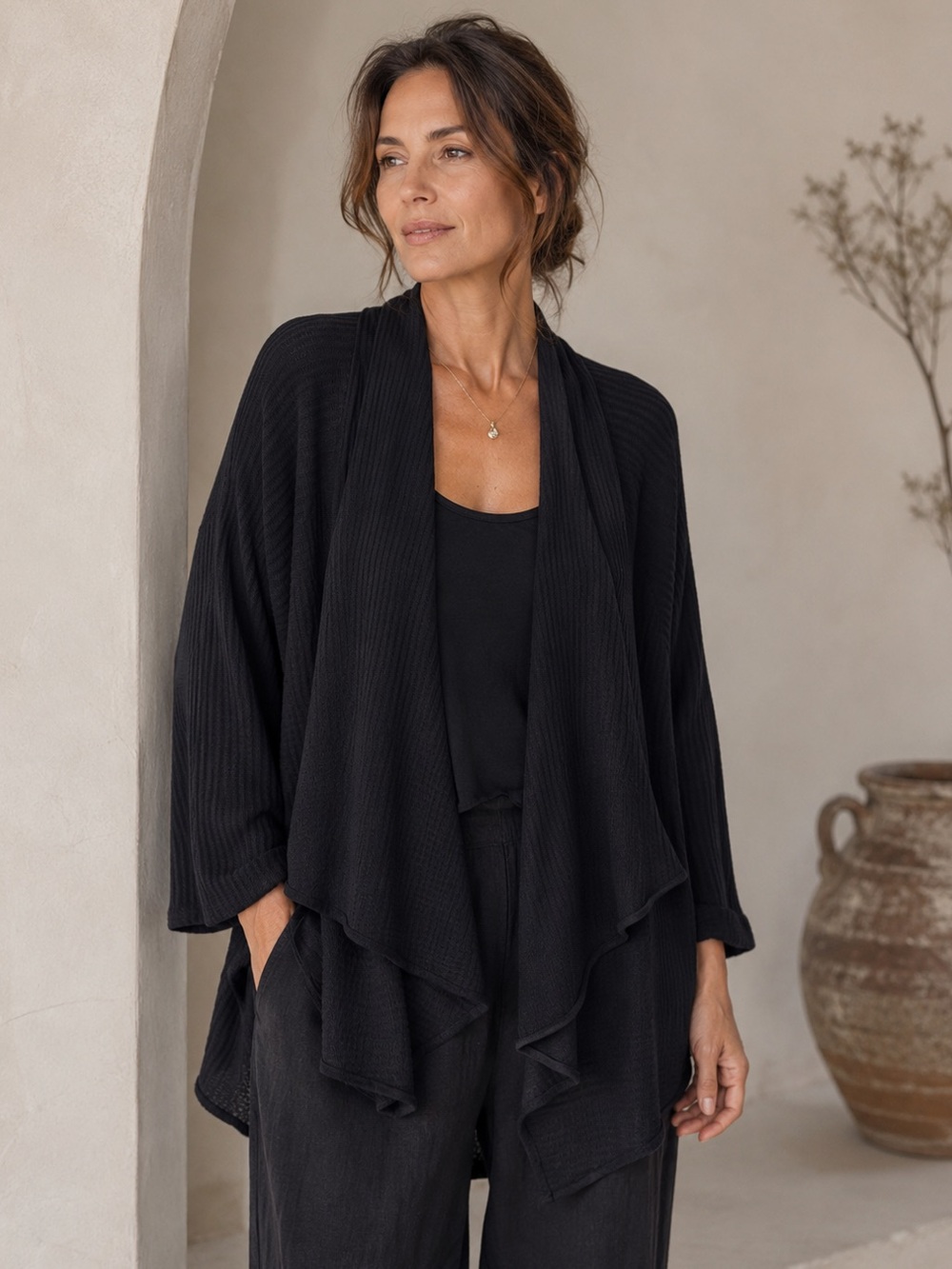 Sympli Black Waffle Knit Open Cardigan Size 12 Drape Lagenlook Minimalist Boho